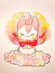  1girl alternate_color animal_focus closed_eyes closed_mouth full_body no_humans non_(kumakawayusu) pachirisu painting_(medium) paper_texture pokemon pokemon_(creature) red_ribbon ribbon shiny_pokemon solo standing traditional_media watercolor_(medium) white_background 