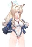  1girl absurdres animal_ear_fluff animal_ears blonde_hair blue_archive blue_eyes blue_halo blue_jacket breasts commentary competition_swimsuit covered_navel cup dog_ears dog_girl ekf_voddl extra_ears hair_over_one_eye halo hand_on_own_hip highleg highleg_one-piece_swimsuit highres jacket kanna_(blue_archive) kanna_(swimsuit)_(blue_archive) large_breasts long_hair looking_at_viewer mug notched_ear official_alternate_costume one-piece_swimsuit open_clothes open_jacket ponytail simple_background smile solo swimsuit symbol-only_commentary white_background white_one-piece_swimsuit 
