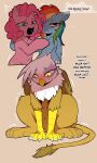 avian beak blue_body blue_eyes blush bodily_fluids brown_body brown_fur cold-blooded-twilight crying earth_pony english_text equid equine feathers feet female feral friendship_is_magic fur gilda_(mlp) group gryphon hair hasbro hi_res horse mammal motion_lines multicolored_hair my_little_pony mythological_avian mythological_creature mythological_equine mythology open_mouth pegasus pink_body pink_hair pinkie_pie_(mlp) pony pupils purple_eyes rainbow_dash_(mlp) rainbow_hair slit_pupils tears teeth text toes trio white_body white_feathers wings yellow_eyes