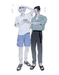  2boys adjusting_eyewear arm_up belt black_nails blue_eyes blue_shorts bracelet closed_eyes commentary_request curtained_hair earrings eyewear_on_head facing_viewer full_body getou_suguru gojou_satoru grabbing_another&#039;s_hand grin hair_bun hawaiian_shirt highres hoop_earrings jewelry jujutsu_kaisen male_focus multiple_boys ntyk_no popped_collar sandals shirt shoes short_hair shorts smile sneakers socks spiked_hair standing sunglasses surprised t-shirt translated white_hair white_shirt white_socks 