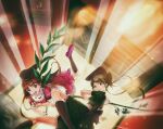  2girls back_bow bamboo black_bow black_hat black_socks bow brown_hair collar commentary_request dress feet_out_of_frame frilled_collar frills green_dress green_eyes green_hair hat highres kirigawa_mika light_rays long_hair long_sidelocks multiple_girls myouga_(plant) nishida_satono open_door pink_dress pink_eyes pink_shoes ponytail sash shoes sidelocks socks tate_eboshi teireida_mai touhou white_collar white_sash 