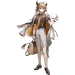  1boy animal_ears ankle_socks aqua_belt arknights bag belt belt_pouch bishounen bison_(arknights) bison_(summer)_(arknights) black_shirt blue_eyes breast_pocket brown_hair brown_scarf brown_shoes closed_mouth collared_shirt cow_boy cow_ears cow_horns cow_tail formal_clothes full_body holding holding_bag holding_removed_eyewear horns jacket jacket_on_shoulders kang_yiqian_(self_cultivation) lapels looking_at_viewer male_focus multicolored_eyes necktie notched_lapels official_alternate_costume official_art orange_hair orange_necktie oxfords pocket pouch scarf shirt shoes short_hair short_sleeves short_suit shorts sidelocks simple_background smile socks solo standing suit suit_jacket sunglasses suspender_shorts suspenders tachi-e tail third-party_source transparent_background two-tone_eyes unworn_eyewear watch white_jacket white_shorts white_socks wristwatch 