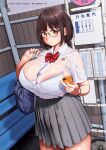  1girl absurdres bag bench blue_bra bra bra_visible_through_clothes breasts brown_eyes brown_hair bus_stop bus_stop_sign cellphone collared_shirt cowboy_shot glasses grey_skirt highres huge_breasts inoue_kiyoshirou looking_at_viewer neckerchief non-web_source original phone pleated_skirt red_neckerchief school_bag school_uniform see-through_clothes see-through_shirt shirt short_hair skirt smartphone solo thighs underwear wet wet_clothes wet_shirt white_shirt 