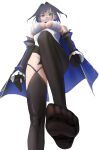  1girl absurdres black_gloves black_hair black_sleeves black_thighhighs blue_cape blue_eyes breasts cape foot_up from_below gloves highres hololive hololive_english ouro_kronii ouro_kronii_(1st_costume) shirt simple_background solo spicyyrum thighhighs underboob virtual_youtuber white_background white_shirt 