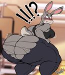 2022 absurd_res anthro big_butt blush bottomwear breasts butt clothing disney exclamation_point female gym hi_res huge_butt judy_hopps lagomorph leporid mammal pants purple_eyes question_mark rabbit scut_tail short_tail solo superix topwear torn_clothing wardrobe_malfunction zootopia 