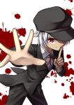  1boy :d black_hat black_jacket black_pants blood blood_splatter collared_shirt colored_eyelashes commentary cowboy_shot dark-skinned_male dark_skin dutch_angle empty_x_embryo finger_to_mouth grey_hair grin hand_up hat highres index_finger_raised jacket long_sleeves male_focus neck_ribbon one_eye_covered outstretched_hand pants peaked_cap reaching reaching_towards_viewer red_eyes red_ribbon ribbon sesen2000 shirt short_hair shushing simple_background slit_pupils smile solo white_background white_shirt yasaka_shiori 
