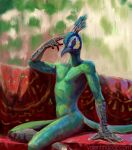  anthro avian bird blue_body blue_feathers detailed_background feathers galliform green_body green_feathers hi_res looking_at_viewer male nude peafowl phasianid red_eyes scales sitting solo text url valentinapaz watermark 