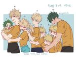  1other 2girls 5boys baby bakugou_katsuki black_pants blonde_hair blue_pants blush boku_no_hero_academia bright_pupils brother_and_sister brothers cropped_torso family freckles genderswap genderswap_(mtf) green_eyes green_hair highres if_they_mated korean_text midoriya_izuku misa_(jjin_miryeon) multiple_boys multiple_girls onesie open_mouth orange_shirt pants ponytail red_eyes shirt short_hair siblings spiked_hair sweatdrop translation_request triplets white_pupils 