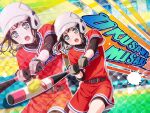  1girl :o anime_coloring ball bang_dream! baseball_(object) baseball_bat baseball_helmet baseball_uniform belt belt_buckle bike_shorts bike_shorts_under_shorts black_gloves black_hair black_undershirt blue_eyes blush breasts brown_belt buckle character_name colorful_background gloves green_background hair_ornament hairclip helmet holding holding_baseball_bat iridescent leather_belt looking_at_object medium_hair metal_baseball_bat official_art okusawa_misaki open_mouth paint_splatter parallel_hairclips playing_sports red_shirt red_shorts shirt shirt_under_shirt short_sleeves shorts small_breasts softball softball_uniform solo sportswear standing sweat sweatdrop swinging_baseball_bat teeth upper_teeth_only v-shaped_eyebrows white_helmet yellow_background zoom_layer 