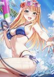  1girl :d bare_arms bikini blonde_hair blue_bikini blue_sky blunt_bangs blush breasts cleavage commentary_request eyewear_on_head floating_hair flower gakuen_idolmaster green_eyes hair_flower hair_ornament hairclip hibiscus highres holding holding_water_gun idolmaster long_hair medium_breasts mole mole_under_eye multi-strapped_bikini_bottom navel outdoors outstretched_hand pink-tinted_eyewear red_flower shiun_sumika side-tie_bikini_bottom sideboob sky smile solo strap_gap summer sunglasses sunlight swimsuit tinted_eyewear underboob user_rdnh4377 water_gun white-framed_eyewear 