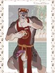 anthro apron apron_only balls biceps biped bodily_fluids clothing coffee_shop cum cum_on_balls cum_on_face cum_on_food cum_on_hand cum_on_penis darkthorns digital_media_(artwork) employee employee_uniform erection felid fingers food fur genital_fluids genitals grey_body headgear headwear hi_res holding_food holding_object humanoid_genitalia humanoid_penis leaking_cum licking_cum looking_at_viewer male mammal markings mostly_nude muscular muscular_anthro muscular_male nipples open_mouth pantherine pecs penis smile snow_leopard solo spots standing tail teeth