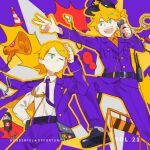  album_cover blonde_hair blue_eyes blue_necktie cover cuffs glider_(guraida) handcuffs hat highres kagamine_len kagamine_rin megaphone necktie one_eye_closed open_mouth orange_necktie orange_shirt pepper_spray police police_hat police_uniform purple_shirt radio shirt vocaloid 
