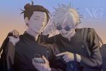  2boys :d adjusting_eyewear bag black_eyes black_hair blue_eyes earbuds earphones earrings facing_viewer getou_suguru gojou_satoru grin hair_bun hair_slicked_back hand_up holding holding_phone jewelry jujutsu_kaisen jujutsu_tech_uniform leaning_on_person looking_at_phone male_focus multiple_boys ntyk_no phone pointing short_hair shoulder_bag smile spiked_hair stud_earrings sunglasses upper_body white_hair 