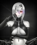  1girl absurdres arachne arm_under_breasts arthropod_girl artist_name blacksaikou breasts closed_mouth commentary crop_top detached_sleeves english_commentary extra_eyes gold_trim greyscale hair_between_eyes highres holding holding_paintbrush large_breasts lips long_bangs looking_at_viewer monochrome monster_girl monster_musume_no_iru_nichijou navel one_eye_closed paintbrush rachnera_arachnera red_eyes shirt short_hair sleeveless sleeveless_shirt smile solo spider_girl spot_color taur underboob upper_body variant_set 