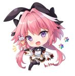  1boy :d astolfo_(fate) bad_id bad_twitter_id black_bow black_footwear bow dessert fang fate/apocrypha fate_(series) food highres hitsukuya long_hair maid male_focus neckerchief otoko_no_ko pink_hair purple_eyes smile star_(symbol) white_background 