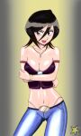  1girl armband black_hair bracelet breasts cleavage collar collarbone crop_top crossed_arms denim highres jeans jewelry kuchiki_rukia medium_breasts medium_hair navel open_mouth panties pants panty_straps purple_eyes purple_tube_top shiny_skin solo strapless tube_top underwear white_panties ziemospendric zipper 