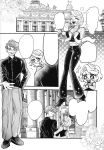  1boy 1girl absurdres black_pants black_shirt black_shoes black_tank_top blonde_hair breasts building buttons cleavage collared_shirt fangs full_body glasses grey_pants highres large_breasts locked_arms medium_hair nono_(nonobutai04) open_mouth outdoors outstretched_arm pants see-through_clothes see-through_shirt shirt shoes short_hair smile speech_bubble tank_top textless_version watch 