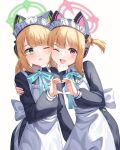  2girls ;d animal_ear_headphones animal_ears apron aqua_bow aqua_bowtie arm_at_side back_bow blonde_hair blue_archive blunt_bangs blush bow bowtie cat_ear_headphones chanpower233 cheek_press commentary cowboy_shot d; eyebrows_hidden_by_hair eyelashes fake_animal_ears frilled_apron frills frown green_eyes green_halo hair_bow halo hand_on_another&#039;s_shoulder hand_up happy headphones heads_together heart heart_hands heart_hands_duo highres hug long_sleeves looking_at_another looking_at_viewer low_ponytail maid maid_headdress medium_hair midori_(blue_archive) midori_(maid)_(blue_archive) momoi_(blue_archive) momoi_(maid)_(blue_archive) multiple_girls official_alternate_costume official_alternate_hairstyle one_eye_closed open_mouth pink_halo ponytail puffy_long_sleeves puffy_sleeves red_bow red_eyes siblings sidelocks simple_background sisters smile straight_hair tamagotchi_(virtual_pet) tareme teeth twins two_side_up upper_teeth_only v-shaped_eyebrows virtual_pet_(toy) white_apron white_background white_bow 