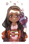  1girl black_hair brown_hair closed_mouth commentary_request cropped_torso forehead hair_ribbon hand_up highres japanese_clothes kamado_nezuko kimetsu_no_yaiba kimono long_hair long_sleeves looking_at_viewer multicolored_hair obi open_clothes pink_eyes pink_kimono pink_ribbon ribbon sash simple_background smile solo translation_request two-tone_hair upper_body very_long_hair white_background yuuzii 