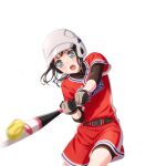  1girl :o anime_coloring ball bang_dream! baseball_(object) baseball_bat baseball_helmet baseball_uniform belt belt_buckle bike_shorts bike_shorts_under_shorts black_gloves black_hair black_undershirt blue_eyes blush breasts brown_belt buckle gloves hair_ornament hairclip helmet holding holding_baseball_bat leather_belt looking_at_object medium_hair metal_baseball_bat official_art okusawa_misaki open_mouth parallel_hairclips playing_sports red_shirt red_shorts shirt shirt_under_shirt short_sleeves shorts small_breasts softball softball_uniform solo sportswear standing sweat sweatdrop swinging_baseball_bat teeth transparent_background upper_teeth_only v-shaped_eyebrows white_helmet 