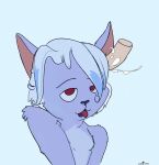  ahegao anthro blue_body blue_fur bodily_fluids chayota cum cum_in_ear disembodied_penis domestic_cat ear_penetration felid feline felis fur genital_fluids genitals girly hair looking_pleasured male mammal mikho_(fursona) multicolored_body nude penetration penis red_eyes simple_background tongue tongue_out white_hair 