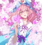  1girl blue_dress blue_hat blush bow bug butterfly cherry_blossoms collar dress falling_petals frilled_collar frills glowing_butterfly hat highres medium_hair mob_cap narrowed_eyes open_mouth petals pink_butterfly pink_eyes pink_hair pink_petals purple_bow purple_ribbon purple_sash ribbon saigyouji_yuyuko sash smile solo te09n30 touhou triangular_headpiece upper_body white_collar 