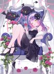 1girl ;d alcohol alternate_costume animal_ears bibi_(tokoyami_towa) black_dress black_flower black_shoes colored_inner_hair commentary_request cup curtains demon_girl demon_tail dress drinking_glass fangs flower full_body fur_shawl gradient_hair green_eyes green_nails hair_flower hair_ornament high_heels highres holding holding_cup hololive indoors knees_up leg_tattoo long_hair looking_at_viewer multicolored_hair nail_polish one_eye_closed piercing pink_flower pink_hair pink_nails pointy_ears purple_hair shawl shoes sitting_sideways smile solo strappy_heels tail tail_ornament tail_piercing tattoo tokoyami_towa virtual_youtuber wine wine_glass yuzuriha_(nx_e78) 