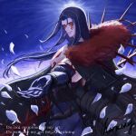  1boy absurdres bare_pectorals black_cape black_tail blue_background blue_bodysuit blue_gloves blue_hair blue_theme bodysuit cape chest_tattoo cowboy_shot cu_chulainn_(fate) cu_chulainn_alter_(fate) cu_chulainn_alter_(third_ascension)_(fate) detached_hood earrings elbow_gloves facial_tattoo fate/grand_order fate_(series) gae_bolg_(fate) gloves grin harmony highres holding holding_polearm holding_weapon jewelry long_hair looking_at_viewer male_focus monster_boy outstretched_hand pectorals petals polearm red_eyes smile solo spiked_tail standing tail tattoo topless_male weapon white_petals 