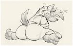 2025 anthro arm_support big_butt biped birthmark black_nose bodily_fluids boss_(twende) bottomless butt clothed clothing digital_drawing_(artwork) digital_media_(artwork) eye_bags eyebrows full-length_portrait fur greyscale hair hi_res hyena kneeling long_hair looking_at_viewer looking_back looking_back_at_viewer male mammal markings mature_male monochrome mostly_nude nervous nondelismell notched_ear nude pawpads pointy_ears portrait pose presenting presenting_hindquarters question_mark raised_eyebrows raised_tail rear_view shirt simple_background sitting sketch slightly_chubby smile solo sweat tail teeth topwear twende_(series) wariza white_background