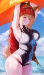  1girl absurdres alternate_breast_size animal_ears arknights armpits black_one-piece_swimsuit blush breasts brown_hair casual_one-piece_swimsuit cowboy_shot ears_through_headwear ears_through_hood highres hood hood_up jacket large_breasts official_alternate_costume one-piece_swimsuit projekt_red_(arknights) projekt_red_(light_breeze)_(arknights) red_jacket solo swimsuit thick_thighs thighs umbrella water wet wolf_ears wolf_girl yellow_eyes yuki_flourish 