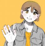  1boy alternate_costume blush breast_pocket brown_eyes brown_hair collarbone double-parted_bangs gokun hair_behind_ear highres jacket kel_(faraway)_(omori) kel_(omori) limited_palette long_sleeves looking_at_viewer male_focus omori open_mouth orange_background orange_shirt pocket shirt short_hair simple_background smile solo thick_eyebrows upper_body 