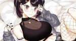  1girl bare_shoulders black_hair breasts cleavage ear_piercing earclip fishnets glasses jacket jewelry kotobuki_(medetai) large_breasts lying midriff nijisanji off_shoulder official_alternate_costume on_back piercing ring seto_miyako short_hair smile virtual_youtuber 