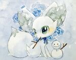  alternate_color animal_ear_fluff animal_focus blue_ribbon fennekin full_body mouth_hold no_humans non_(kumakawayusu) painting_(medium) pokemon pokemon_(creature) ribbon simple_background snowman solo stick traditional_media watercolor_(medium) 