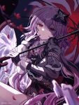  1girl absurdres black_dress black_flower black_gloves broken_mirror closed_mouth dress evernight_(honkai:_star_rail) flower gloves hair_between_eyes hair_flower hair_ornament highres holding holding_umbrella honkai:_star_rail honkai_(series) light_smile long_hair long_sleeves looking_at_viewer march_7th_(honkai:_star_rail) mirror official_alternate_costume partially_shaded_face petals pink_hair red_eyes solo twitter_username umbrella upper_body white_wrist_cuffs wrist_cuffs yuma_(mron_322) 