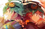  collar cosmos_mrst glowing glowing_eye goggles goggles_on_head green_hair highres jacket jacket_on_shoulders jewelry male_focus multicolored_hair necklace orange_shirt red_eyes red_hair sakaki_yuya shirt smile two-tone_hair white_jacket yu-gi-oh! yu-gi-oh!_arc-v 