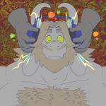 1:1 2025 absurd_res anothermeekone anthro asgore_dreemurr beard blonde_hair body_hair bovid caprine chest_hair cross-eyed disembodied_hand duo electronics facial_hair glowing glowing_eyes goat goofy_smile hair headphones hi_res horn hypnosis long_ears male mammal mature_male mind_control ringed_eyes shirtless_male smile solo_focus undertale_(series)