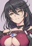  1girl bare_shoulders black_choker black_hair braid breasts chest_strap choker cleavage cleavage_cutout clothing_cutout grey_background hair_between_eyes hair_over_shoulder highres jaydamon looking_at_viewer medium_breasts parted_lips side_braid solo tales_of_(series) tales_of_berseria underboob upper_body velvet_crowe yellow_eyes 