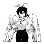  1girl absurdres angel bangs beer_mug breasts cleavage commentary cup feathered_wings gloves greyscale hair_between_eyes halo highres id_card karasu_raven medium_breasts monochrome mug office_lady original pencil_skirt short_hair simple_background skirt solo white_background wings 