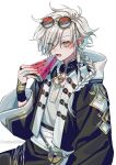  1boy absurdres bandaged_fingers bandages black_jacket black_pants blush braid chinese_clothes commentary eyewear_on_head food fruit green_eyes highres holding holding_food jacket jewelry letterboxed long_hair looking_at_viewer male_focus multiple_rings open_mouth original pants red-tinted_eyewear ring shirt simple_background solo sunglasses suzaku_(zaku6584) talisman tinted_eyewear twitter_username watermelon watermelon_slice white_background white_hair white_shirt 