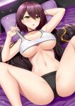  1girl :o ahoge arm_behind_head arm_up azur_lane baltimore_(azur_lane) baltimore_(black_ace)_(azur_lane) bangs bare_shoulders black_jacket black_shorts blush braid breasts brown_hair choker cleavage collarbone commentary_request eyebrows_visible_through_hair french_braid hair_between_eyes highres indoors jacket jacket_removed large_breasts looking_at_viewer lying navel on_back on_bed open_mouth partial_commentary pillow shibata_rai short_hair short_shorts shorts sidelocks solo sports_bra sportswear spread_legs stomach strap_pull sweat tennis_uniform underboob underwear white_sports_bra yellow_eyes 