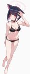  1girl absurdres adjusting_eyewear alternate_costume animal_ears arm_behind_back bare_legs bare_shoulders barefoot bikini black_bikini black_choker black_hair blue_archive blunt_bangs blunt_ends blush bob_cut breasts cat_choker cat_ears cat_girl choker cleavage clip_studio_paint_(medium) collarbone colored_inner_animal_ears colored_inner_hair curvy dutch_angle earclip earrings extra_ears eyelashes eyewear_on_head feet full_body hair_behind_ear hair_ornament hairclip halo halterneck hand_up heart heart_earrings highres jewelry kazusa_(blue_archive) knees_together_feet_apart large_breasts legs long_sleeves looking_at_viewer making-of_available multi-strapped_bikini_bottom multicolored_hair navel parted_lips pink_hair pink_halo red_eyes round_eyewear short_hair simple_background slit_pupils smile solo standing stomach straight_hair sunglasses swimsuit thigh_gap thighs toenails toes tsurime tsyn white_background wide_sleeves 