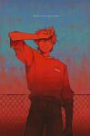  1boy ^_^ chain-link_fence closed_eyes copyright_name cowboy_shot denim fence grin hand_on_own_forehead highres jeans male_focus nopanamaman pants parties_are_for_losers red_theme short_hair sleeves_rolled_up smile solo sweater yura_beletsky 