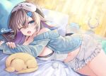  1girl bare_shoulders bed black_bra blue_eyes blue_jacket blush bra breasts brown_hair dog fujimori_shiki indoors jacket large_breasts long_hair long_sleeves looking_at_viewer lying midriff navel on_stomach one_eye_closed open_clothes open_jacket open_mouth original pillow shorts sleep_mask sleepwear tank_top thighs underwear 