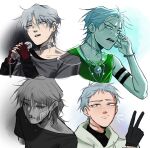  1boy absurdres alien_stage armband black_gloves black_shirt bracelet choker commentary crying daisy88811 ear_piercing earrings english_commentary fingerless_gloves gauze gauze_on_cheek gloves green_tank_top grey_choker grey_hair half_updo headset highres jewelry microphone multiple_views notched_ear open_mouth piercing red_gloves shirt short_hair tank_top tears till_(alien_stage) v 