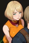  1boy 1girl ashley_graham bare_shoulders black_background blonde_hair blue_shirt blush breasts closed_mouth green_eyes green_skirt highres jaydamon leon_s._kennedy medium_breasts necktie orange_shirt plaid_clothes plaid_skirt red_necktie resident_evil resident_evil_4 resident_evil_4_(remake) shirt short_hair skirt sleeveless sleeveless_turtleneck turtleneck 