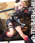  1girl absurdres aiguillette armband ass_visible_through_thighs black_gloves black_jacket black_necktie black_skirt blonde_hair boots breasts brown_eyes character_name commission finger_on_trigger garrison_cap german_text girls&#039;_frontline gloves gun half_gloves hand_up hat highres holding holding_sword holding_weapon jacket large_breasts looking_at_viewer medium_hair mp40 mp40_(girls&#039;_frontline) necktie open_mouth pixiv_commission pouch red_armband red_socks rubble scabbard sheath shirt skirt smile socks solo submachine_gun sword thigh_strap wangpo weapon white_shirt 