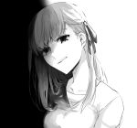  1girl breasts collarbone commentary fate/stay_night fate_(series) greyscale hair_ribbon head_tilt highres kkk_irino matou_sakura medium_breasts monochrome portrait ribbon smile solo 
