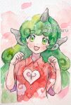  1girl 2zuz4hru :3 artist_name bangs buttons collared_shirt green_eyes green_hair horns komano_aunn long_hair painting_(medium) portrait red_shirt shirt simple_background single_horn smile touhou traditional_media twitter_username very_long_hair watercolor_(medium) 