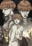 1girl armor artist_name blue_eyes boobplate bowl_cut building castle closed_mouth commentary covering_breasts covering_privates d&#039;arce_(fear_&amp;_hunger) english_commentary fear_&amp;_hunger_(series) fear_&amp;_hunger_1 highres knight nude orange_hair pyro_cri short_hair solo 