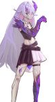  1girl alternate_costume black_shirt black_skirt breasts chest_jewel colored_inner_hair cracked_skin crystal_horns gem gradient_hair highres hololive hololive_english koseki_bijou material_growth multicolored_hair navel pink_hair pink_skirt purple_eyes purple_gemstone purple_hair shirt simple_background skirt small_breasts solo spicyyrum two-tone_skirt virtual_youtuber white_background 